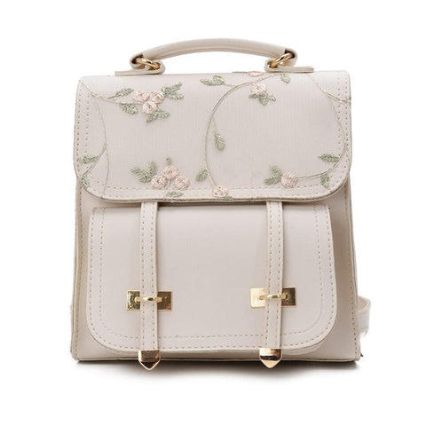 Cute Leather Backpack With Floral Embroidery